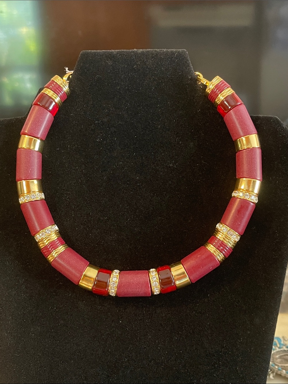J. Crew Burgundy and Gold Beaded Collar Necklace